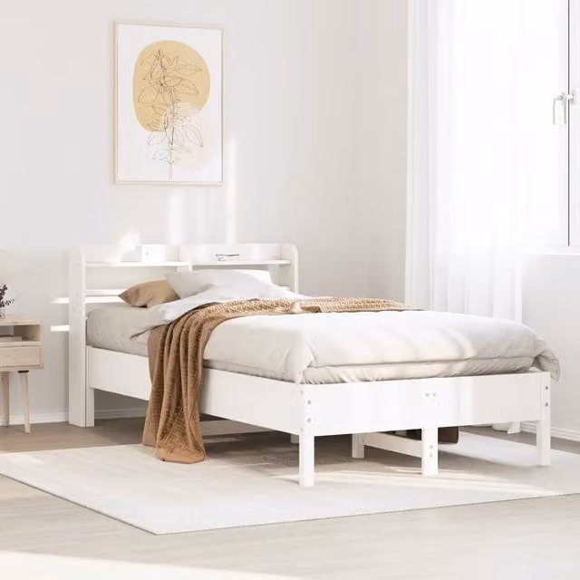 Berkfield Home Rustic White Solid Pine Bed Frame with Side Compartments W/D/H: 100 x 200 cm