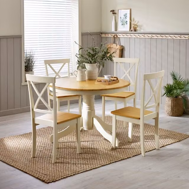 FurnitureboxUK Bude Round Rubberwood Dining Table and Millford Chairs Set in Brown and White