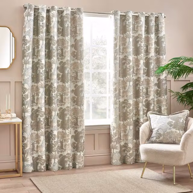 Make It A Home Set of 2 Woodlands Floral Jacquard Eyelet Curtains in Beige and Yellow, Width: 137 cm