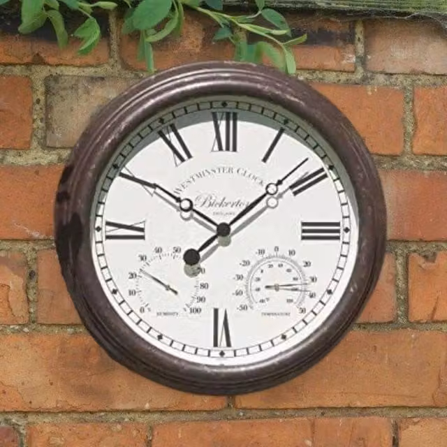 Marco Paul Bickerton Brown Round Analog Wall Clock with Thermometer, Diameter: 38.1 cm