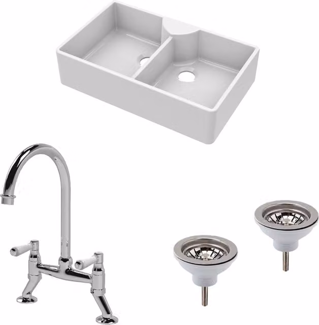 Balterley White Ceramic Fireclay 2 Bowl Butler Kitchen Sink with 2 Wastes and Chrome Tap, W: 895 mm – 1