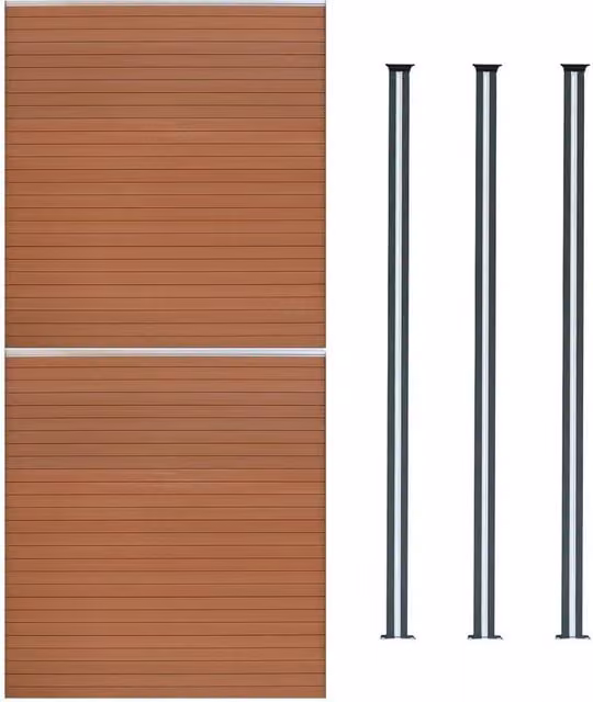 Monstershop Composite Fence Panel and Aluminium Post Set with Solar Powered LED Lighting, Brown Wood Grain, W: 353 cm, H: 185 cm
