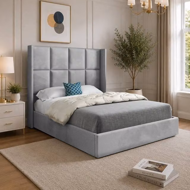 Casani Riversdale King Size Upholstered Designer Bed Frame in Grey Soft Velvet, W/D/H: 180 x 159 x 137 cm – 1