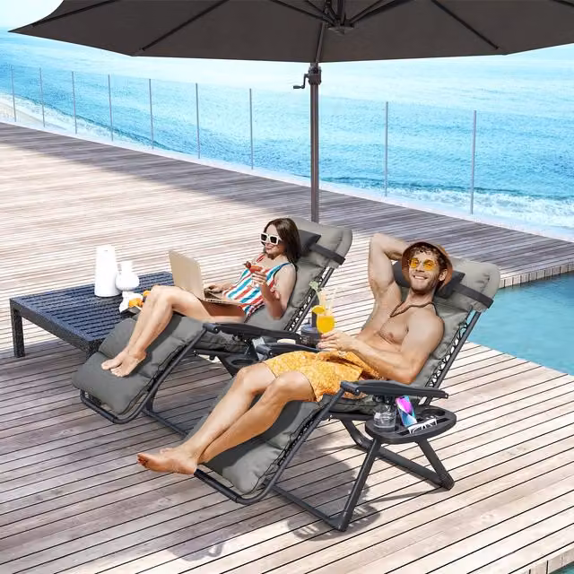 Outsunny Grey Reclining Folding Zero Gravity Chairs with Side Tray and Armrests
