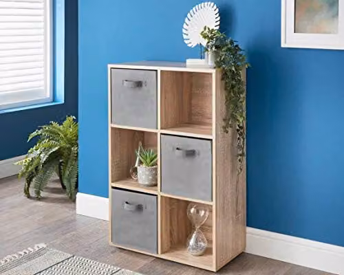 Spot on dealz 6 Cube Oak Wooden Storage Shelving Unit with 3 Grey Fabric Woven Baskets
