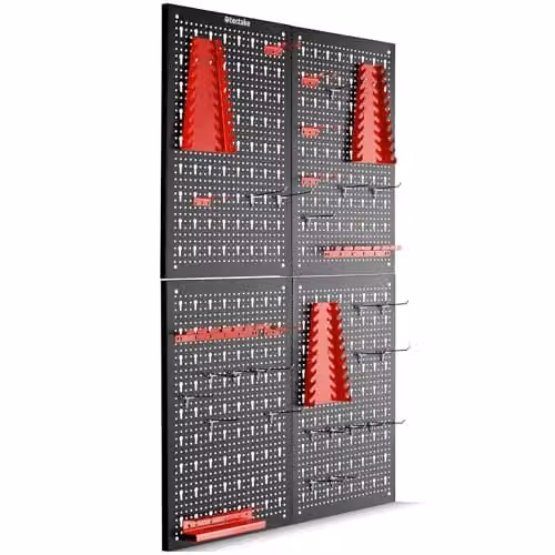 tectake 4-Panel Metal Pegboard Wall-Mounted Tool Organiser with Hooks and Holders in Black and Red