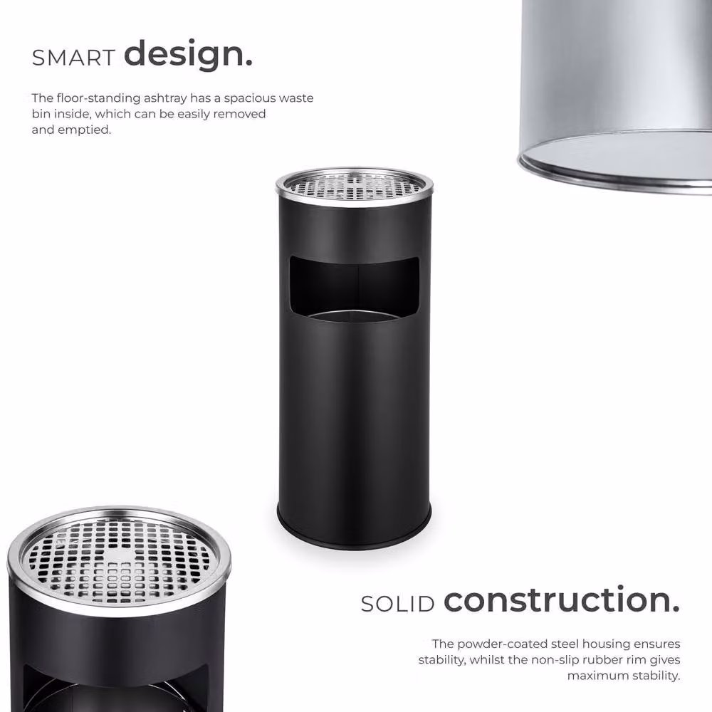 tectake Freestanding Metal Floor-Standing Ashtray in Black with Removable Inner Bucket, Height: 61.0 cm, Width: 25.0 cm – 3