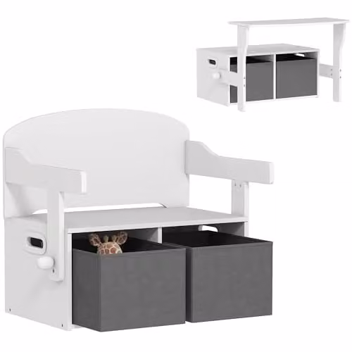 AIYAPLAY 3 in 1 Kids Storage Bench with 2 Removable Fabric Bins, White, W/D/H: 56.7 x 46.5 x 46.5 cm – 1