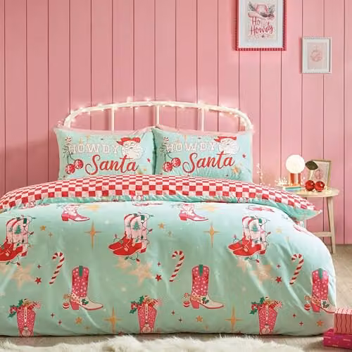 Catherine Lansfield Santa's Howdy Christmas Reversible Single Duvet Cover and Pillowcase Set, Green, W/D/H: 135 x 200 cm and 50 x 75 cm