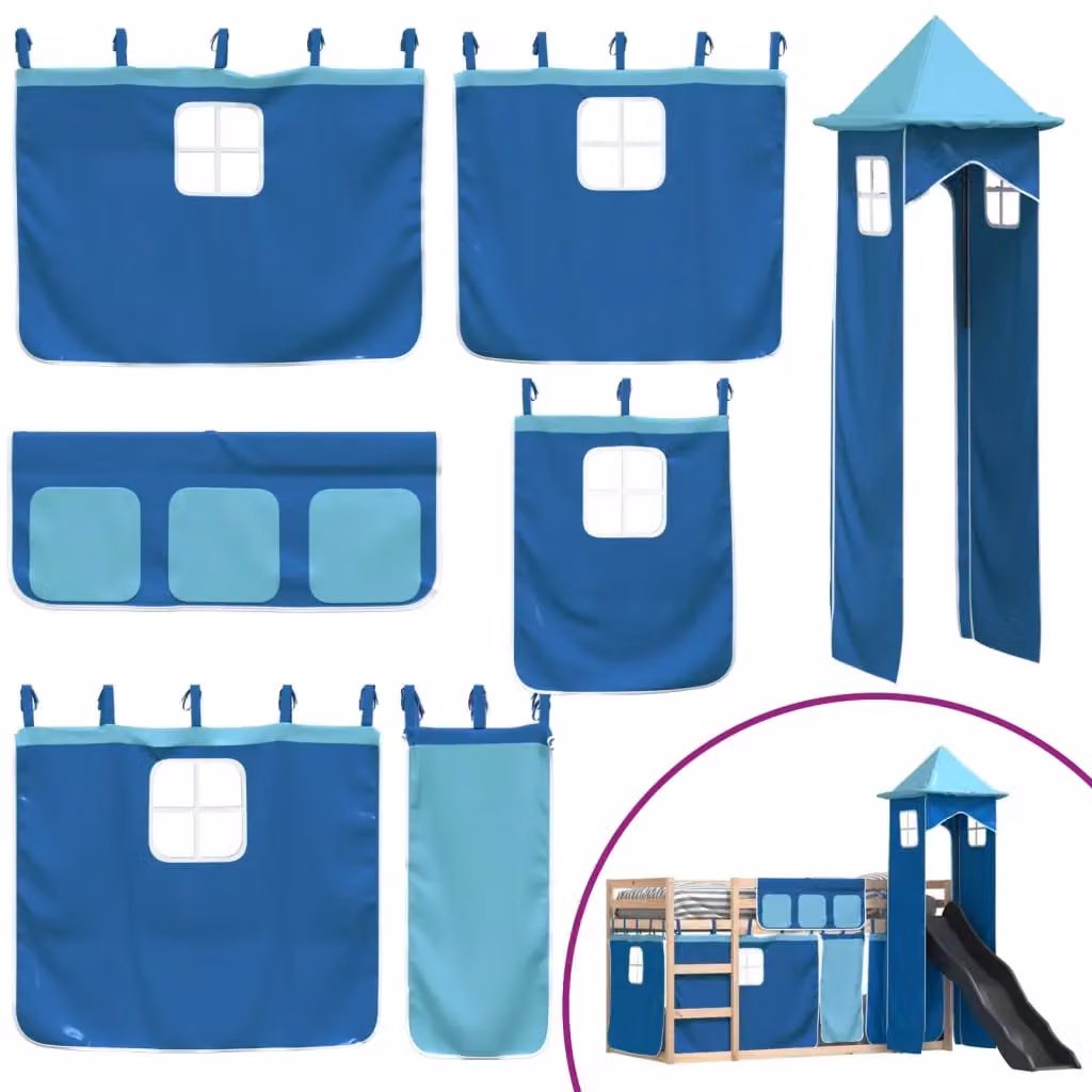 Berkfield Home Blue Solid Wood Childrens Bunk Bed with Slide and Curtains W: 80 cm, L: 200 cm – 3