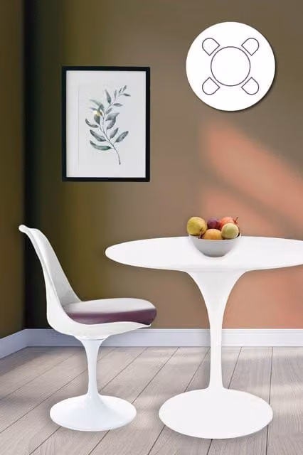 Fusion Living Tulip Dining Set with White Round Table and Four Purple Chairs
