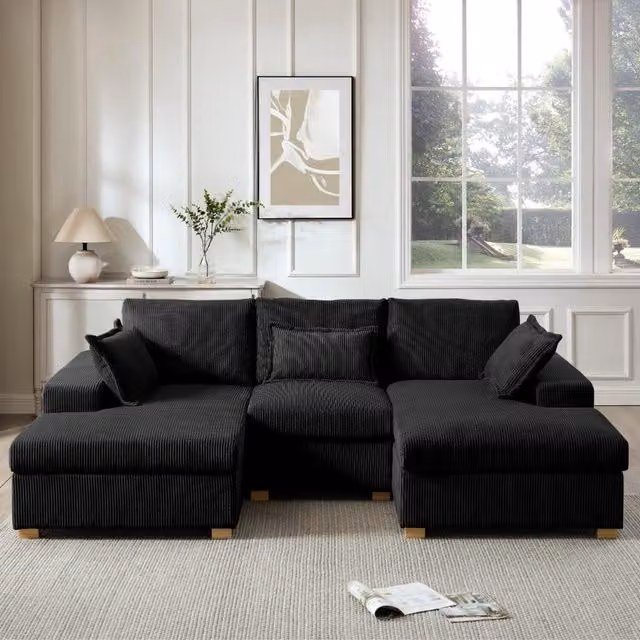 Muriel U-Shaped Sofa in Black Cord Fabric with Scatter Cushions