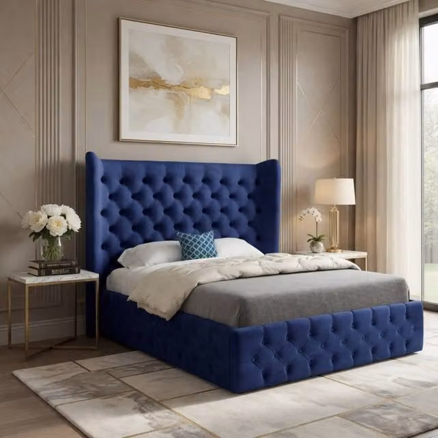 KDMD Leigh Wide Winged Upholstered Designer Bed Frame in Blue Soft Velvet, Size: Single (W/D/H: 90 x 190 x 137 cm)