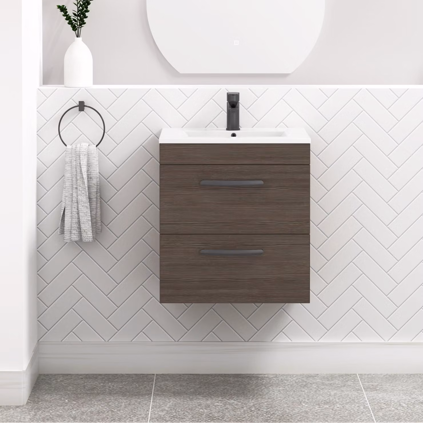 Royal Bathrooms Turin Wall Hung Vanity Unit in Grey Elm with 2 Drawers and Matt Black Handles