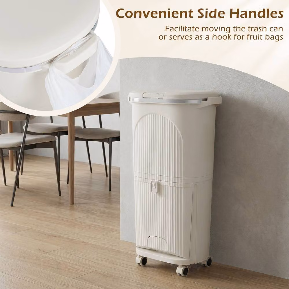 Costway 38L 2-Tier Kitchen Trash Can with Lid and Step Pedal in Beige – 4