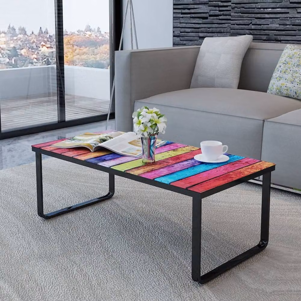 Berkfield Home Elegant Rectangular Coffee Table with Multicolour Abstract Rainbow Glass Top and Black Sled Base, W/D/H: 45 x 32 x 45 cm – 3