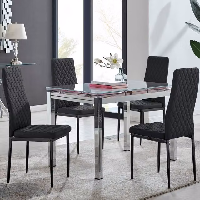 Furniturebox Enna White Glossy Glass Extending Dining Table and 4 Milan Black Leg Chairs