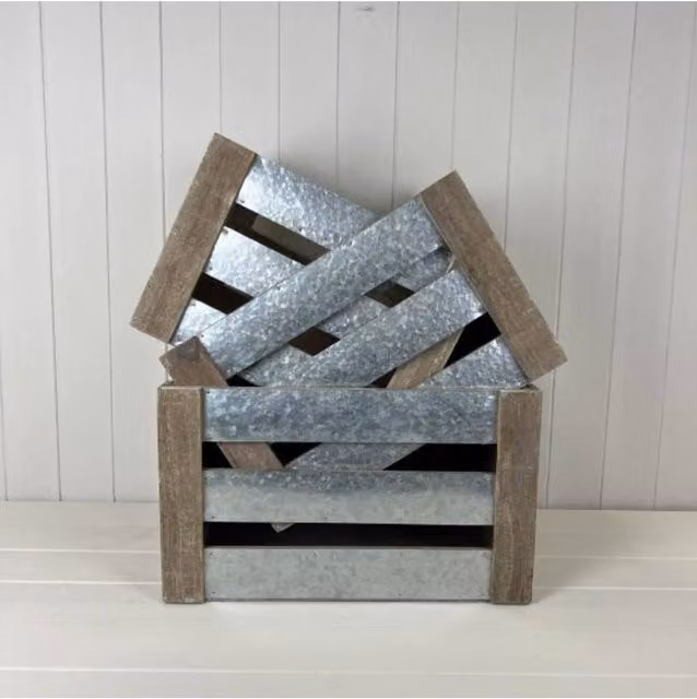 KDMD Set of Three Grey Wood and Metal Slatted Crates