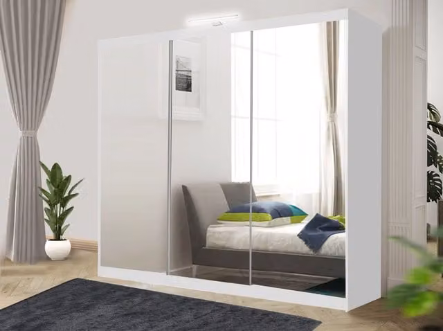 RAC3 Modern White Sliding Mirror Wardrobe with Integrated LED Lighting and Internal Drawers, Width: 250 cm
