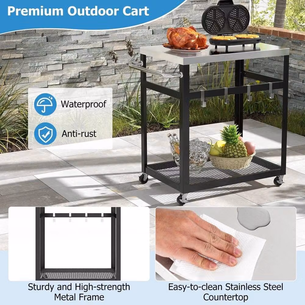 VOGREX 2-Tier Stainless Steel Grill Cart in Silver – 3