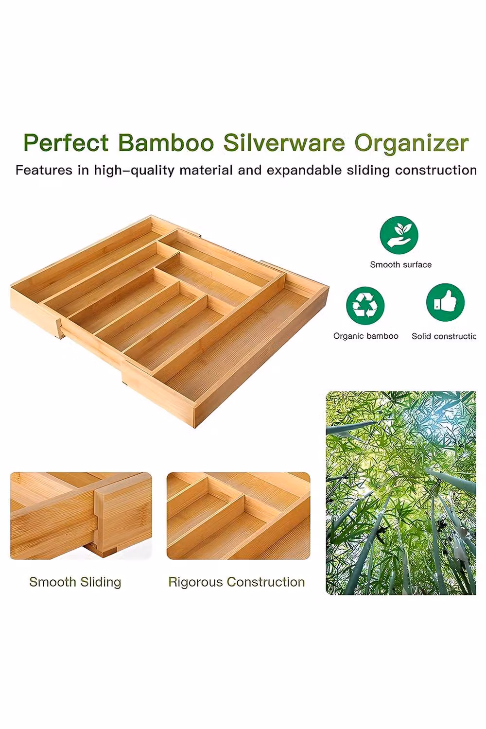 Living and Home Adjustable Bamboo Cutlery Drawer Organiser Tray in Brown and Sand – 2