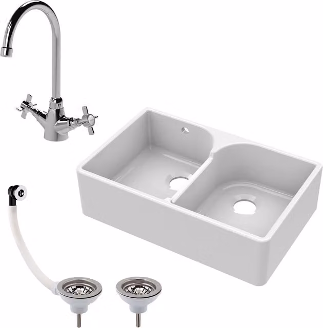Balterley White Fireclay Double Bowl Butler Kitchen Sink with Stepped Weir and Mixer