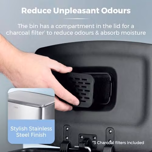 Tower 40L Rectangular Stainless Steel Pedal Bin in Silver with Removable Inner Bucket and Odour Filter – 6