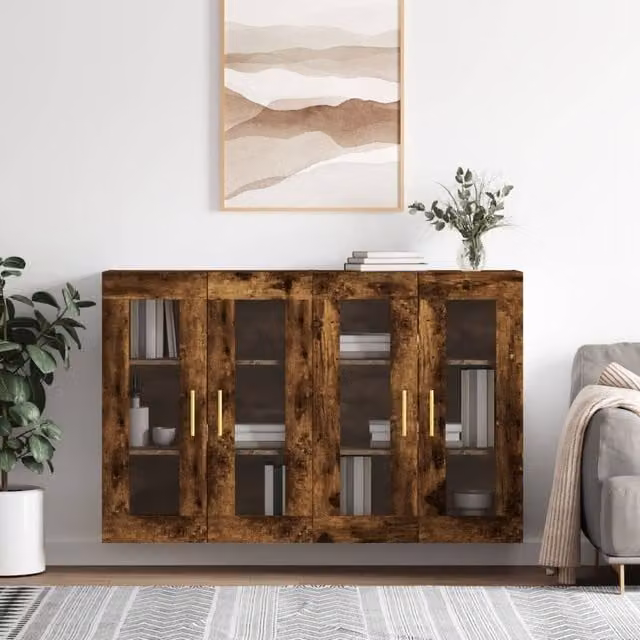 Berkfield Home Set of 2 Wall Mounted Cabinets in Smoked Oak Brown with Glass Doors – 1