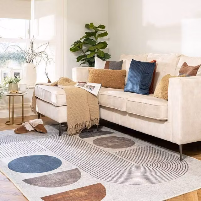 Kukoon Cream and Beige Modern Abstract Machine Woven Washable Everyday Rug, W: 200 cm, D: 290 cm – 1