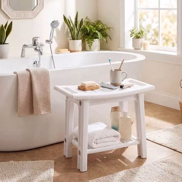 SPETLEK White Shower Chair with Storage Shelf and Drainage Seat