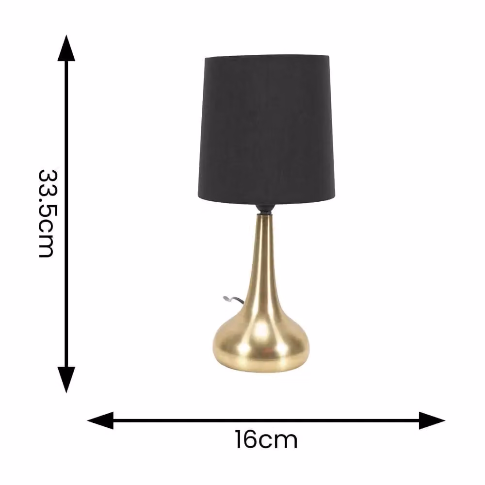 ValueLights Teardrop Pair of Black Bedside Touch Table Lamps with Brushed Gold Fabric Shades – 4