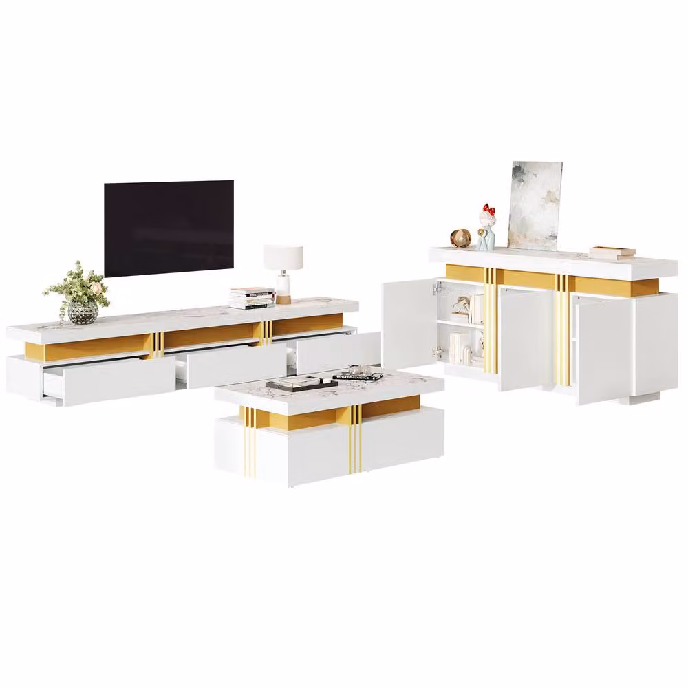 Matteo Modern White and Gold Marble Pattern Living Room Furniture Set with Media Compartments – 2