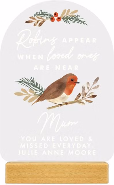 Personalised Memento Company Personalised Robins Appear Wooden Based LED Light in Light Brown