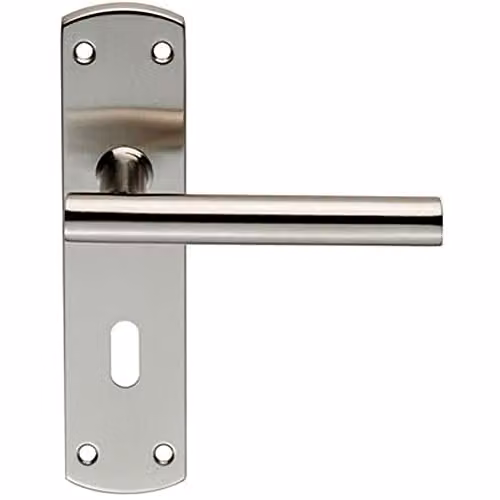 Loops Mitred T-Bar Lever Door Handle on Lock Backplate in Brushed Silver Stainless Steel, 172 x 44 mm