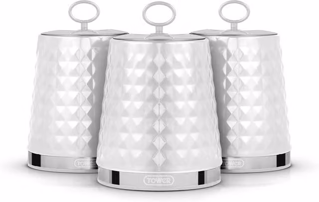 Tower Solitaire Set of 3 White Solid Metal and Stainless Steel Canisters