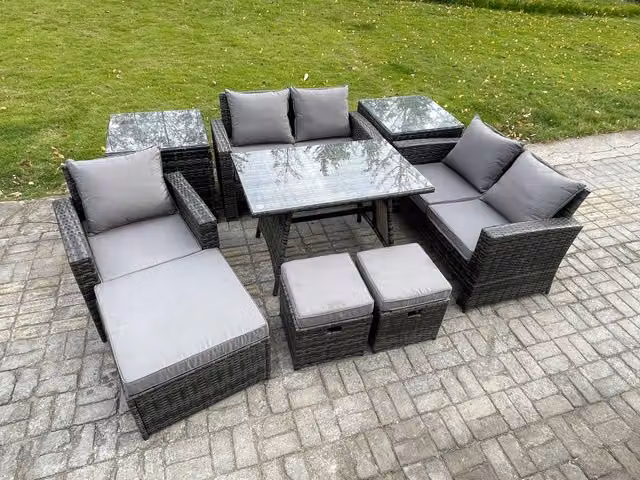 Fimous Grey PE Rattan Garden Dining Set with Rectangular Table, Double Sofa, 2 Side Tables and 3 Footstools