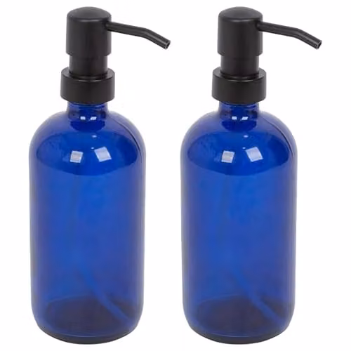 Harbour Housewares Blue Glass Soap Dispensers, Pack of 2, 500ml Refillable Bottles with Black Pumps – 1