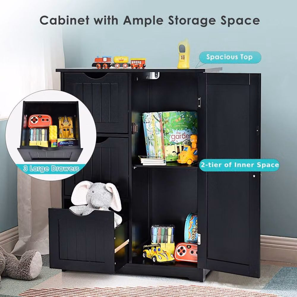 Costway Black Bathroom Floor Cabinet Storage Cupboard with 3 Drawers and Adjustable Shelves – 5
