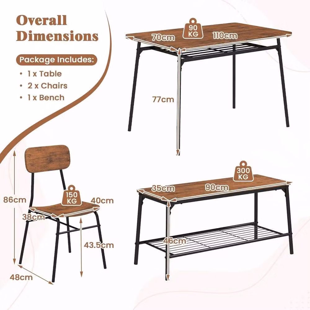 VOGREX Brown 4-Seater Industrial Dining Set with Rectangular Table, Bench and Chairs – 2