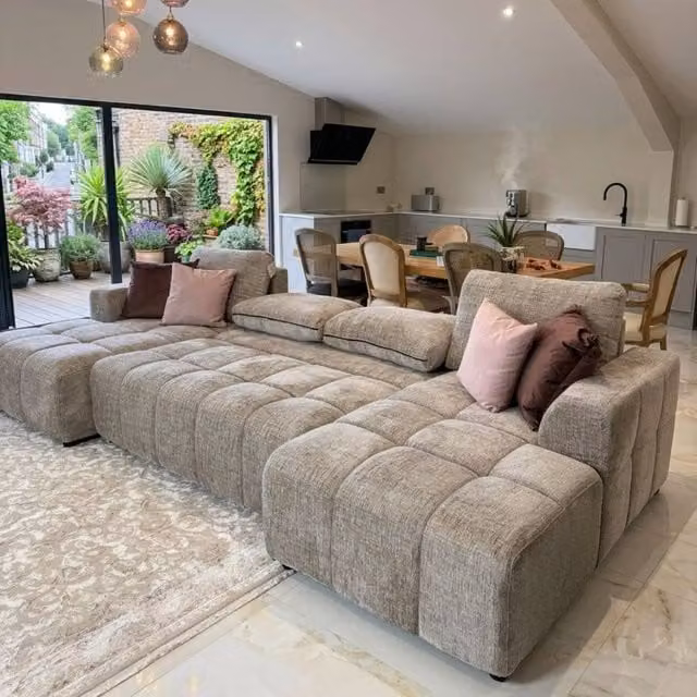 Stratus Interiors Shanghai Bubble U-Shape Sofa Bed in Beige Soft Chenille Fabric