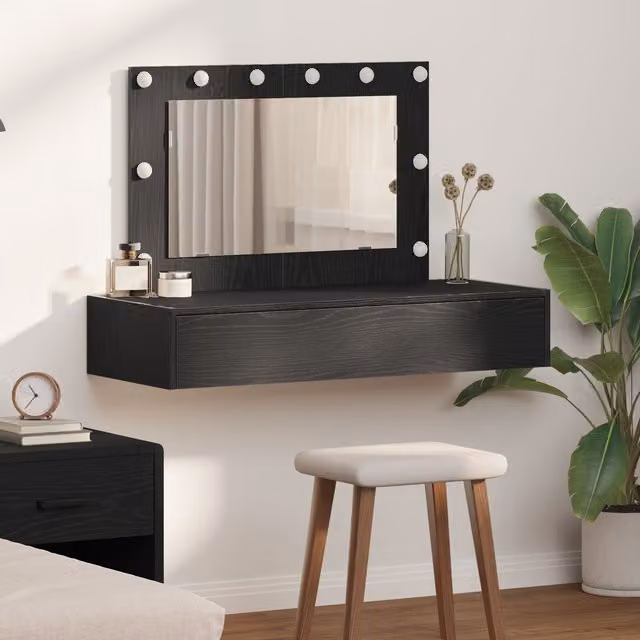 Berkfield Home Wall-Mounted Dressing Table with LED Lights in Black Oak, W/D/H: 100 x 70 x 40 cm – 1