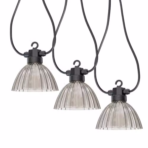 ValueLights Smoked Pleated LED Outdoor Garden String Lights with 10 Glass Domes in Grey, Warm White, Battery Operated with Timer – 1