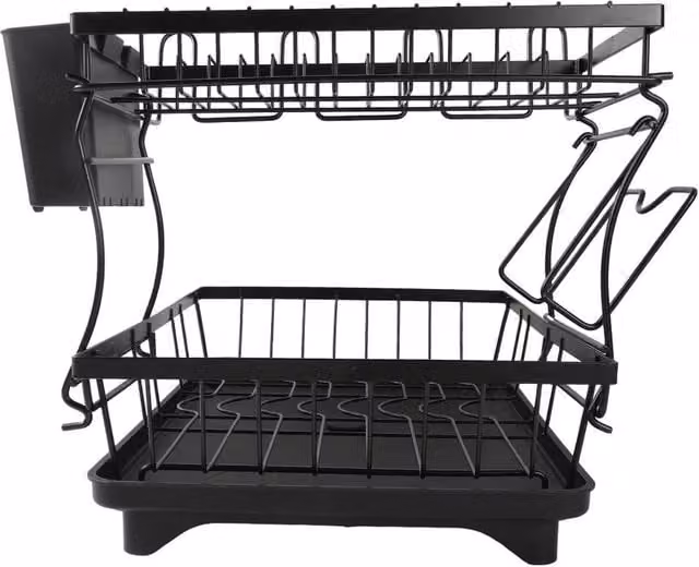 VOGREX 2 Tier Dish Drainer Rack with Cutlery and Cup Holder, Black, W/D/H: 42.5 x 30.5 x 30.5 cm – 1