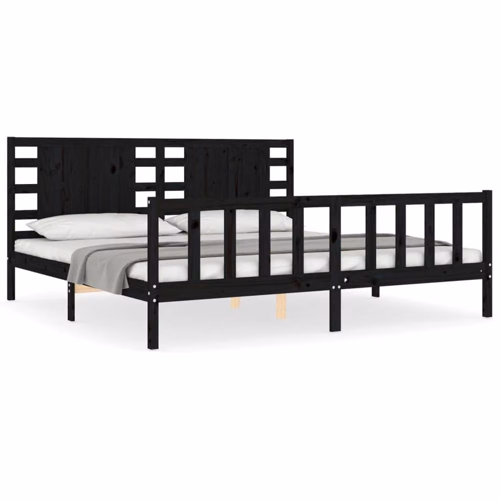Berkfield Home Beautiful Bed Frame with Headboard in Black Solid Pine Wood W/D/H: 200 x 200 x 205.5 cm – 2