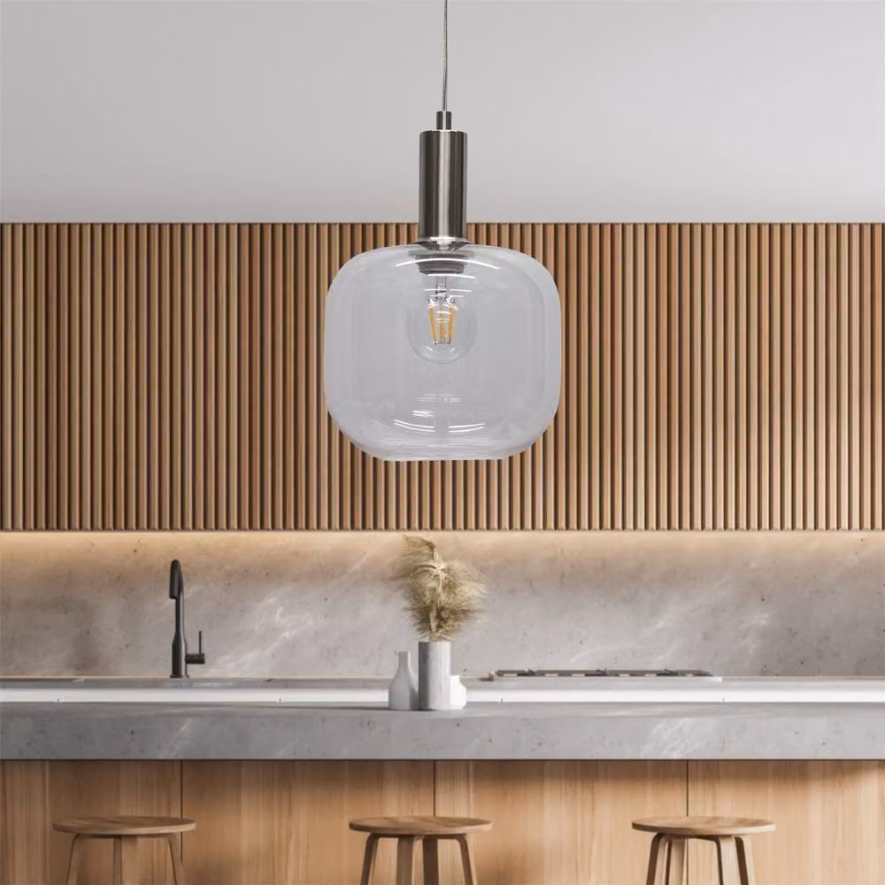 First Choice Lighting Bletch Set of 2 Deco Pendant Fittings with Transparent Glass and Silver Satin Nickel Finish – 2