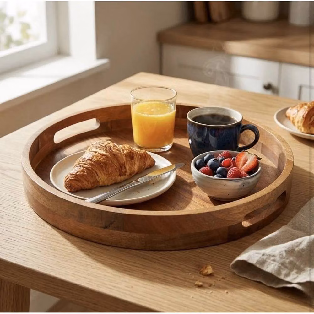 PAWNORA Round Solid Mango Wood Serving Tray with Handles in Brown – 3