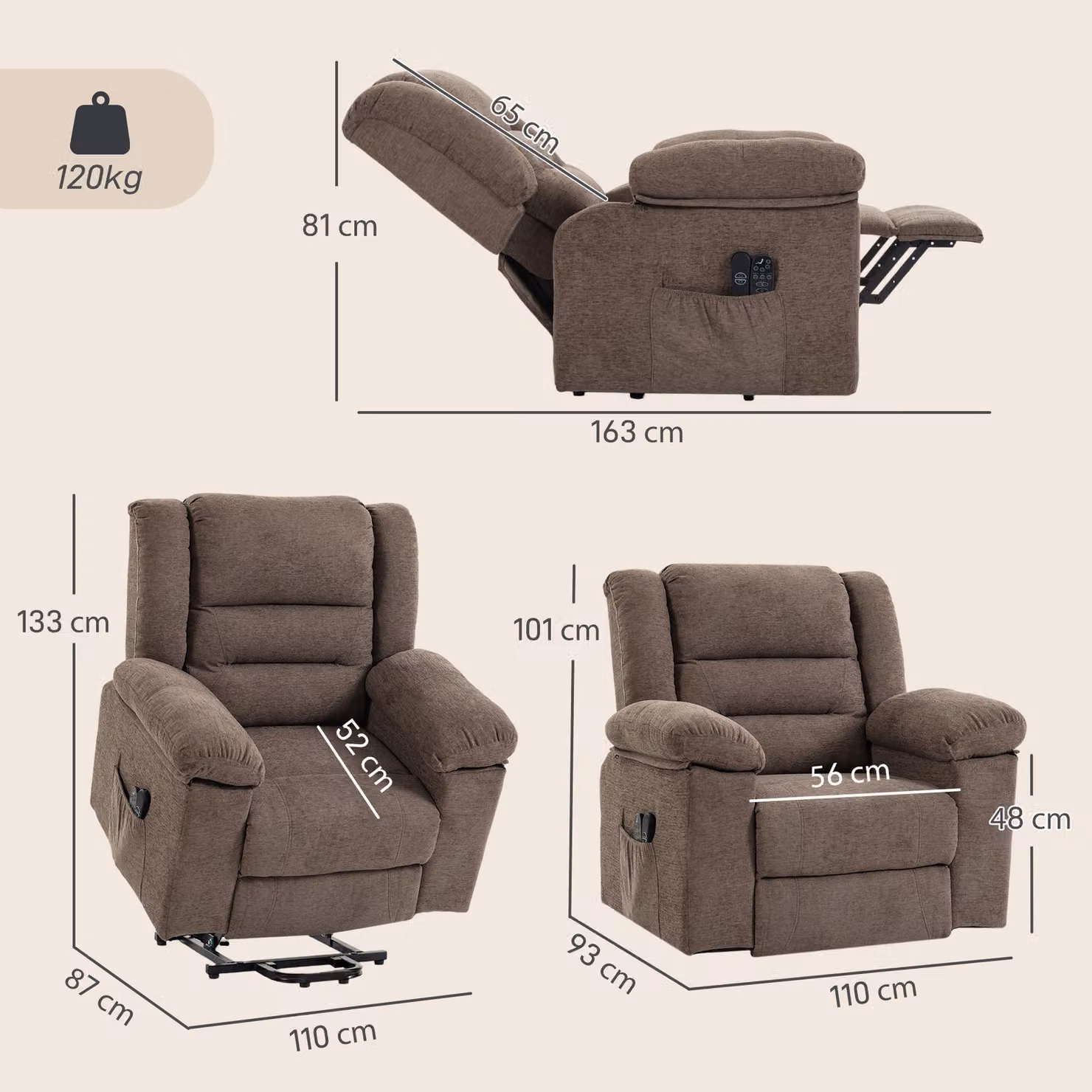 HOMCOM Oversized Power Lift Riser Recliner Chair with Massage and Heat in Brown – 3