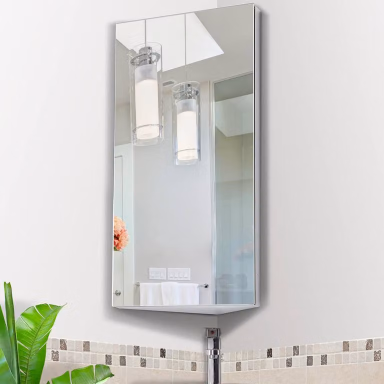 STILVORA Modern Silver Bathroom Corner Cabinet with Mirror and Glass Hinged Doors, W: 30 cm, H: 60 cm
