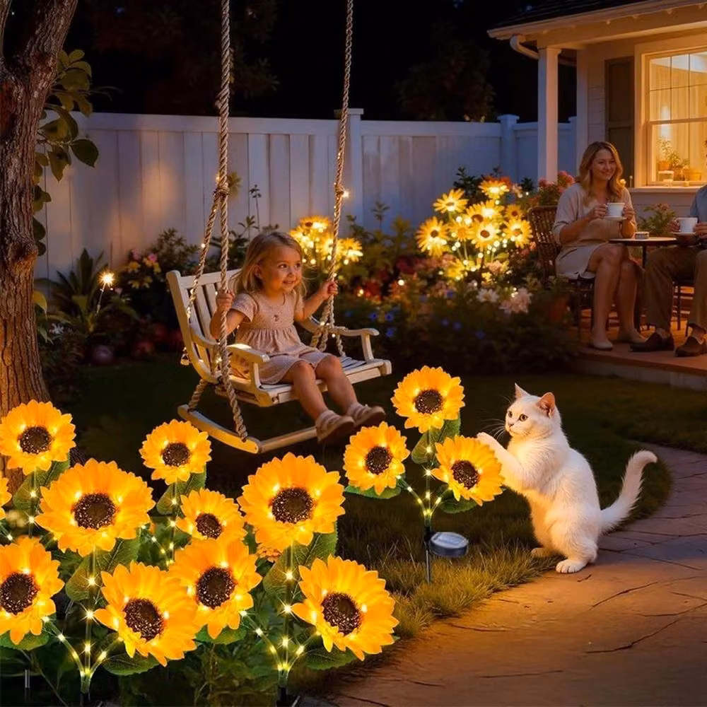 VOGREX 2-Piece Solar 3-Head Sunflower LED Garden Stake Lights in Yellow – 5