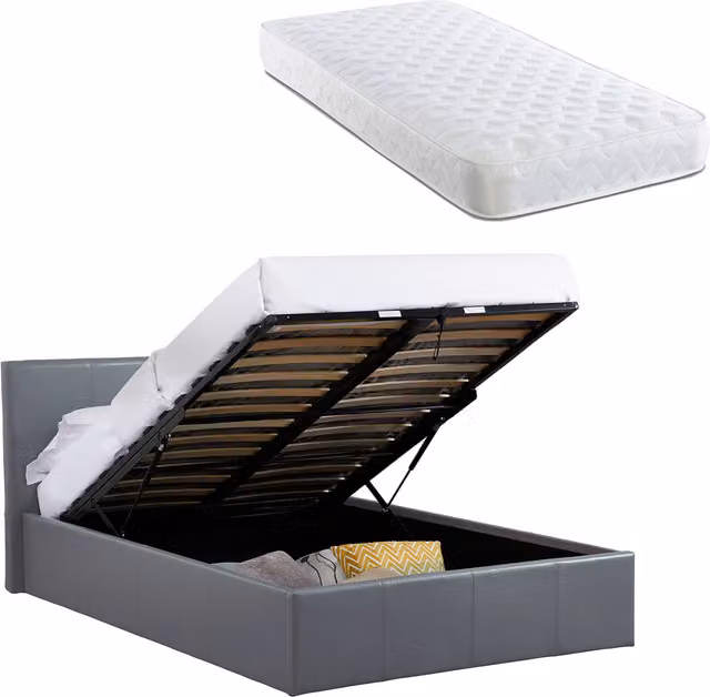 Luna Small Double Ottoman Bed with Sprung Mattress, Grey Faux Leather, W/D/H: 120 x 200 cm